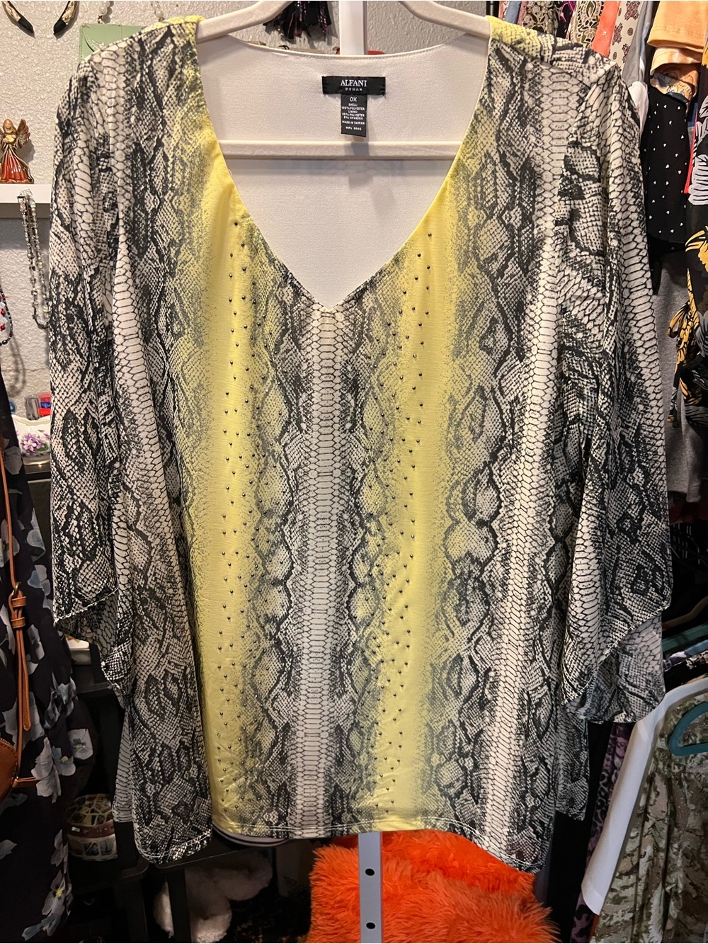 Alfani Yellow and Gray Snake-Print V-Neck Blouse
